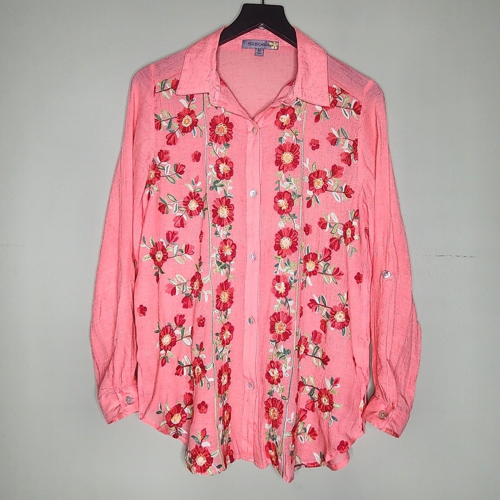 Figueroa & Flower Embroidered Button Up Shirt Peach Roll Tab Sleeve Boho Fairy M